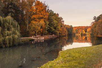 Wall Mural - View of pond in Tsaritsyno park on autumn day. Moscow