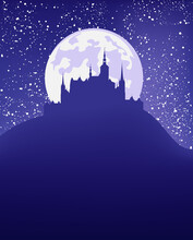 Fantasy Scene With Night Sky, Full Moon, Shining Stars And Medieval Castle Silhouette - Fairy Tale Vector Copy Space Background