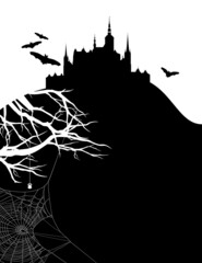 Wall Mural - mysterious medieval vampire castle silhouette - halloween theme black and white vector copy space ba