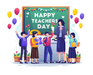 Wall Mural - Kids students give gifts and flowers to their teacher on Teacher's Day. flat vector illustration