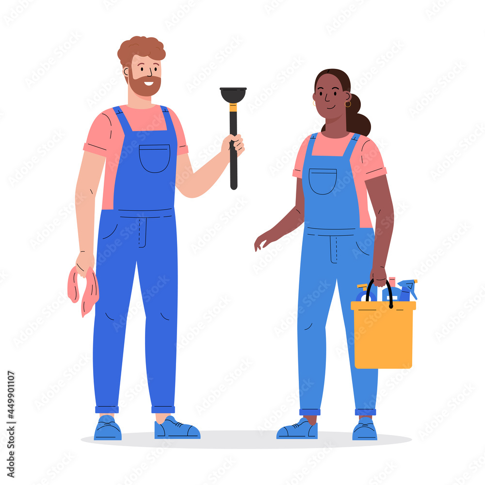 Cleaning company staff with the equipment. Cleaning service, man and ...