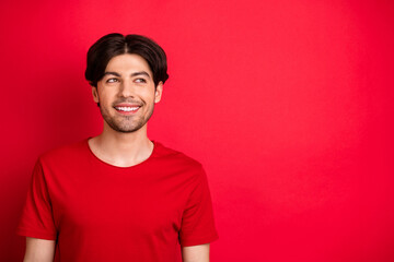 Sticker - Photo of curious dreamy inspired guy shiny smile look empty space wear red t-shirt isolated red color background