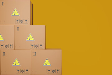 Canvas Print - Dangerous goods, cardboard boxes with Explosive label on a yellow-brown background. 3d rendering