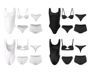 Wall Mural - Underwear, closed sports swimsuit, open swimsuit, bra, panties. 3d realistic set of black and white mock up, front and back view isolated on white background.