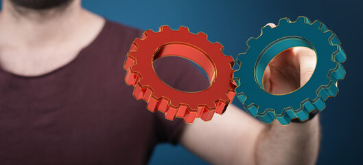 Poster - Business, Internet and technology concept. Business select gear icon on virtual screen/