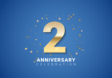 2 Anniversary Background With Golden Numbers, Confetti, Stars On Bright Blue Background. Vector Illustration
