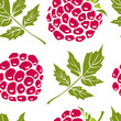 Seamless pattern with raspberry. Colorful paper cut collection of wild and garden berries and leaves in  style isolated on white background. Doodle hand drawn vector illustration