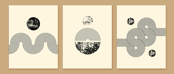 Simple geometric shapes. Boho line arch, textured circle, sun, moon, rainbow.