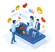 © WinWin - Isometric social media people online communication concept. Social network, person get positive feedback, likes, thumbs up vector illustration set. Social media communication