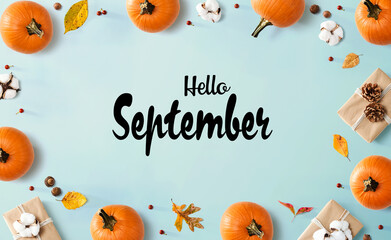 Wall Mural - hello september message with autumn pumpkins with present boxes
