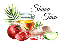Jewish New Year, Rosh Hashanah, Shana Tova Card. Hand Drawn Watercolor Illustration,  Isolated On White Background