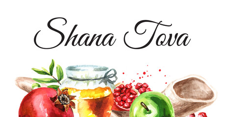 Wall Mural - Pomegranate, apple,  honeycomb.  Jewish new year, Rosh Hashanah, Shana Tova card. Hand drawn  watercolor illustration  isolated on white background