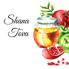 Wall Mural - Pomegranate, apple,  honeycomb. Jewish new year, Rosh Hashanah, Shana Tova card. Hand drawn  watercolor illustration  isolated on white background