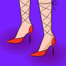 Female Legs In Red High Heels, Woman Legs In Shoes Retro Pop Art Vector Illustration
