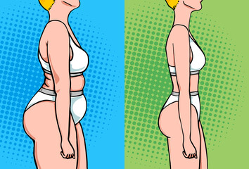 Woman weight loss before and after side view in linen, vector illustration in pop art retro comics style