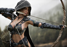 Portrait Of A Fantasy Female Ranger Archer Aiming At Her Target From A Distance Wearing Leather Armor , Hooded Cloak And Equipped With A Bow. 3d Rendering
