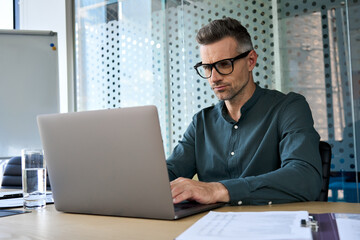 focused middle aged business man typing on computer working in modern office. serious busy male mana