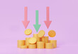Coins stacks cartoon style stacks ,arrow reduce depreciate money appreciation, growth investment success Finance economics education concept. on purple background, 3D render