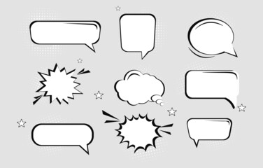Fototapete - Collection of empty hand drawn comic speech bubbles with halftone shadows. Doodle set element. Flat cartoon illustration vector concept web banner design isolated on white background