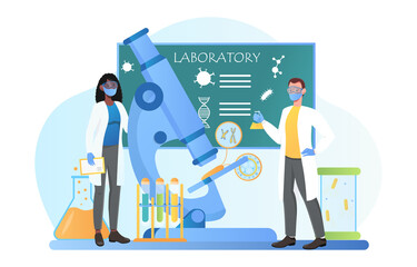 Drug development, science experiment in lab, genetic diagnosis, innovation in medical technology. Flat abstract metaphor cartoon vector illustration concept design isolated on white background, man,.