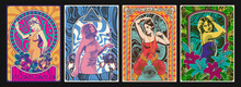 1960s - 1970s Psychedelic Posters Style Illustrations, Retro Women, Art Nouveau Frames, Psychedelic Colors And Backgrounds 