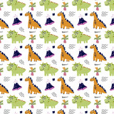 Fototapeta Dinusie - Dinosaurs kids seamless pattern. Cute funny brachiosaur and triceratops. Flat style. For wallpaper, card, textile, fabric. Vector illustration