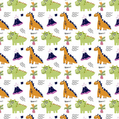 Dinosaurs kids seamless pattern. Cute funny brachiosaur and triceratops. Flat style. For wallpaper, card, textile, fabric. Vector illustration