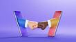 3d illustration. Cartoon characters fists, caucasian and african businessmen hands sticking out the smart phone screens. International communication, business clip art isolated on violet background