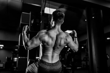  Bodybuilder athlete working out in gym. Strong handsome man training his back.