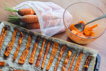 Fresh cooked carrot bacon is on the table. Vegetarian food, meat replacement, vegetable protein