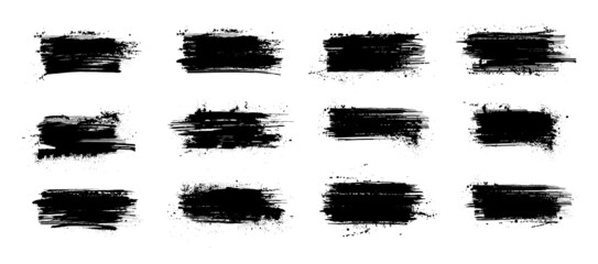 Aufkleber - Broad strokes of paint, ink splashen, brushstroke. Black paint splatter with dirt stain and spray splash. Brush stroke with drops blots isolated on white background. Vector dirty strokes silhouette