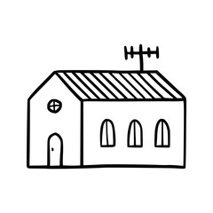 Poster - Hand drawn cute house. Doodle sketch style home. House building with window, roof. Vector illustration for home icon.