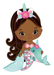 Cute Unicorn African American Mermaid Wearing Horn with Flowers and Holding Whale. Vector Baby Mermaid