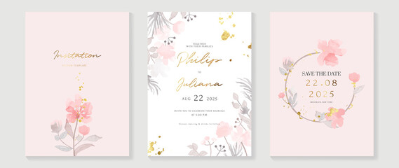 Luxury wedding invitation card background  with golden line art flower and botanical leaves, Organic shapes, Watercolor. Abstract art background vector design for wedding and vip cover template.