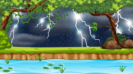 Wall Mural - Forest scene with lightning and raining at night