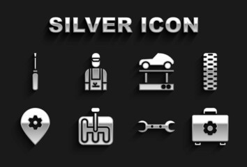 Sticker - Set Gear shifter, Car tire wheel, Toolbox, Wrench spanner, Location with car service, Repair lift, Screwdriver and mechanic icon. Vector