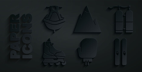 Sticker - Set Boxing glove, Aqualung, Roller skate, Ski and sticks, Mountains and Jet ski icon. Vector