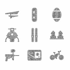 Poster - Set Ski and sticks, Action extreme camera, Bicycle, Snowboard, Paintball gun, Snowmobile, Rugby and Hang glider icon. Vector