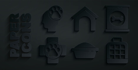 Poster - Set Pet food bowl, Canned, Veterinary clinic, carry case, Dog house and Human with animals footprint icon. Vector