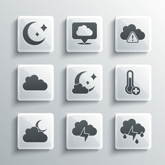 Wall Mural - Set Storm, Cloud with rain and lightning, Meteorology thermometer, moon, Moon stars and warning icon. Vector