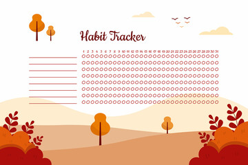 Habit tracker with autumn landscape background in flat design