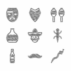 Wall Mural - Set Mexican man sombrero, Mustache, Snake, Lizard, Tabasco sauce, Tequila bottle, Maracas and Aztec mask icon. Vector