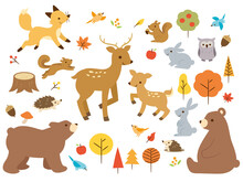 かわいい秋の森の動物セット　Autumn Forest Animals Vector Illustration