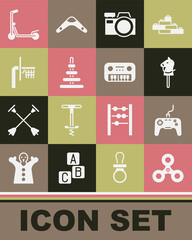 Poster - Set Fidget spinner, Gamepad, Toy horse, Photo camera, Pyramid toy, Basketball backboard, Scooter and piano icon. Vector