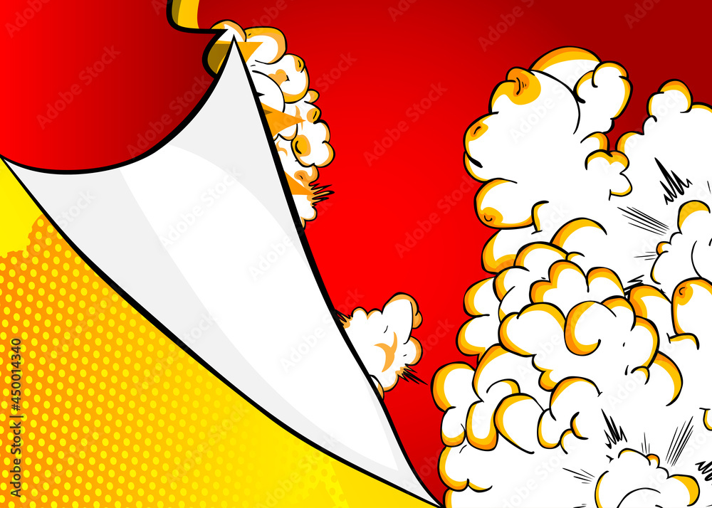 Retro comic background with turning paper corner. Rays and halftone ...