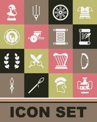 Poster - Set Broken amphorae, Medieval bow, Decree, parchment, scroll, Old wooden wheel, Ancient chariot, Greek coin, bust sculpture and icon. Vector