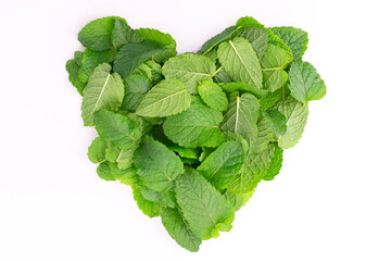 A lot of mint leaves in the shape of a heart on a white background. Flat lay.