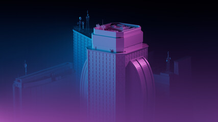 Poster - 3d render of city skylines in a foggy environment with purple side light. Abstract skyscrapers.