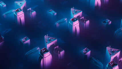 Poster - 3d render of city skylines in a foggy blue and purple night environment. Bluish cold gamma. Abstract skyscrapers.
