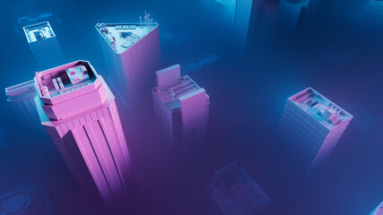 Poster - 3d render of city skylines in a foggy blue and purple environment. Bluish cold gamma. Abstract skyscrapers. Wide lens view.